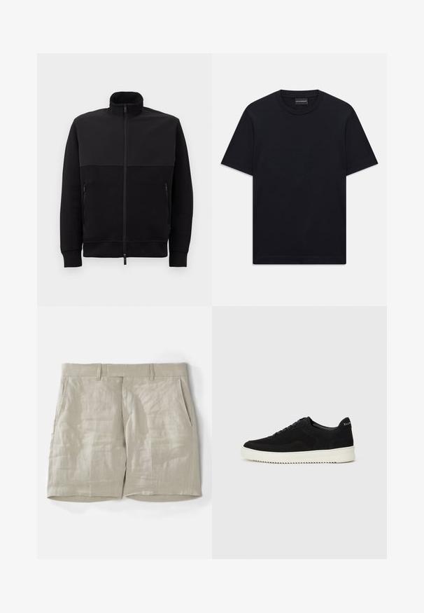 Svart full-zip jakke med høy krage, to glidelåslommer på siden og ribbestrikkede mansjetter, lagt flatt på en hvit bakgrunn.; Svart kortermet T-skjorte med rund hals og subtil preget logo-design sentrert på brystet, samt et merke inne i halsen.; Beige linshorts med en glat tekstur, som har to sidelommer, en talje med bæltestropper og et lige ben-design.; Svart semsket sneakers med snøring og kontrasterende hvit gummisåle. Har teksturerte sidepaneler og subtil merkevare på hælen.