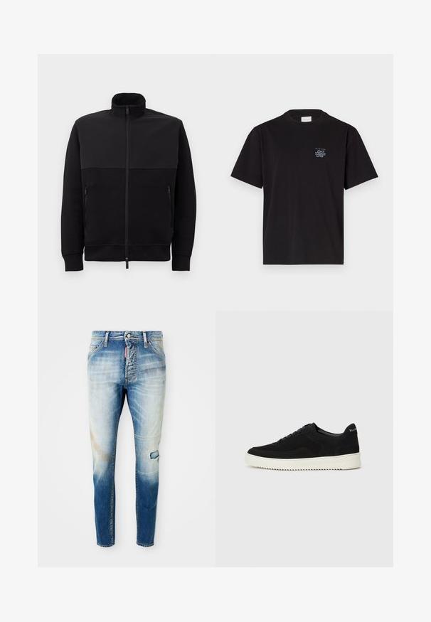 Černá bunda na zip s vysokým límcem, dvěma bočními kapsami na zip a žebrovanými manžetami, položená na bílé ploše.; Černé bavlněné tričko s kulatým výstřihem a krátkými rukávy. Na levé části hrudi se nachází malé modré logo. Jednoduchý, rovně střižený design.; Světle modré vyteplené skinny džíny s malým roztrhnutím na pravém stehně a červeným značkovým štítkem blízko předního zipu.; Černé semišové tenisky s krajkovým designem a kontrastní bílou gumovou podrážkou. Obsahují texturované boční panely a jemné branding na patě.