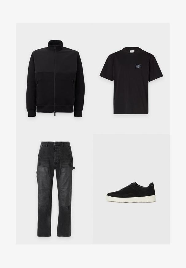 Czarna kurtka z pełnym zamkiem, z wysokim kołnierzem, dwoma bocznymi kieszeniami na zamek oraz ściągaczami przy mankietach, ułożona na płasko na białym tle.; Czarny bawełniany t-shirt z okrągłym dekoltem i krótkimi rękawami. Posiada małe niebieskie logo na lewej piersi. Prosty, prosty krój.; Czarne dżinsowe spodnie z kontrastowymi akcentami z czarnej skóry, prosty krój nogawki oraz subtelne przecierane detale na tkaninie.; Czarne zamszowe sneakersy z designem na sznurówki i kontrastującą białą gumową podeszwą. Posiadają teksturowane boczne panele oraz subtelne logo na pięcie.