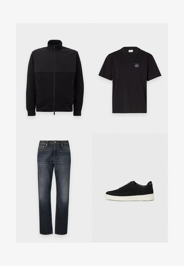 Crna jakna s punim patentnim zatvaračem i visokim ovratnikom, s dva bočna džepa na patent zatvarač i rebrastim manžetama, položena ravno na bijeloj pozadini.; Crna pamučna majica s okruglim izrezom i kratkim rukavima. Ima mali plavi logo na lijevoj strani prsnog koša. Jednostavan, ravno krojen dizajn.; Tamno plavi traperice s ravnim nogavicama, koje imaju pet džepova, hardver u boji bakra i suptilno izbleđenje na bedrima.; Crne nubuk tenisice s vezanjem i kontrastnom bijelom gumenom potplatom. Imaju teksturirane bočne panele i suptilno brendiranje na peti.