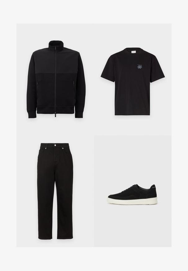 Mustad musta täis tõmblukuga jakki kõrge kaelusega, kahe tõmblukuga küljetaskuga ja ribakätistega, asetatud tasasele valgele taustale.; Must mustaga T-särk, millel on ümar kaelus ja lühikesed varrukad. Vasakul rinnal on väike sinine logo. Lihtne, sirge lõikega disain.; Mustad denim püksid otse lõikega, kõrge vöökohaga, esikülgsete taskutega ja hõbedase riistvaraga vööl.; Mustad suede jooksujalatsid, millel on paelad ja kontrastne valge kummitald. Omab tekstuuriga külgpaneele ja tagasihoidlikku brändimist kandadel.