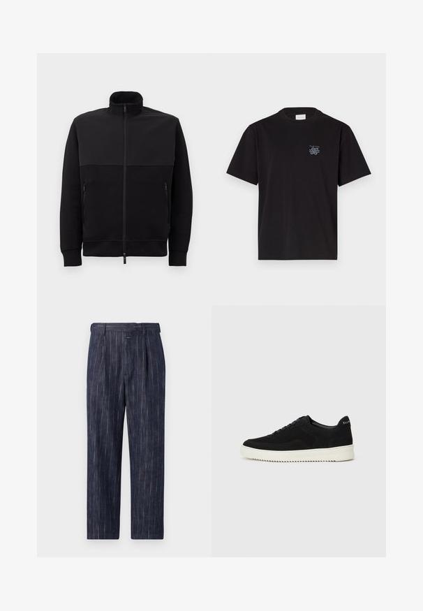 Mustad musta täis tõmblukuga jakki kõrge kaelusega, kahe tõmblukuga küljetaskuga ja ribakätistega, asetatud tasasele valgele taustale.; Must mustaga T-särk, millel on ümar kaelus ja lühikesed varrukad. Vasakul rinnal on väike sinine logo. Lihtne, sirge lõikega disain.; Tumed triibulised püksid, millel on kõrge vöökoht, volditud esiosa ja sirge jalgeosa. Valmistatud kerge kangast, millel on peen tekstuur.; Mustad suede jooksujalatsid, millel on paelad ja kontrastne valge kummitald. Omab tekstuuriga külgpaneele ja tagasihoidlikku brändimist kandadel.