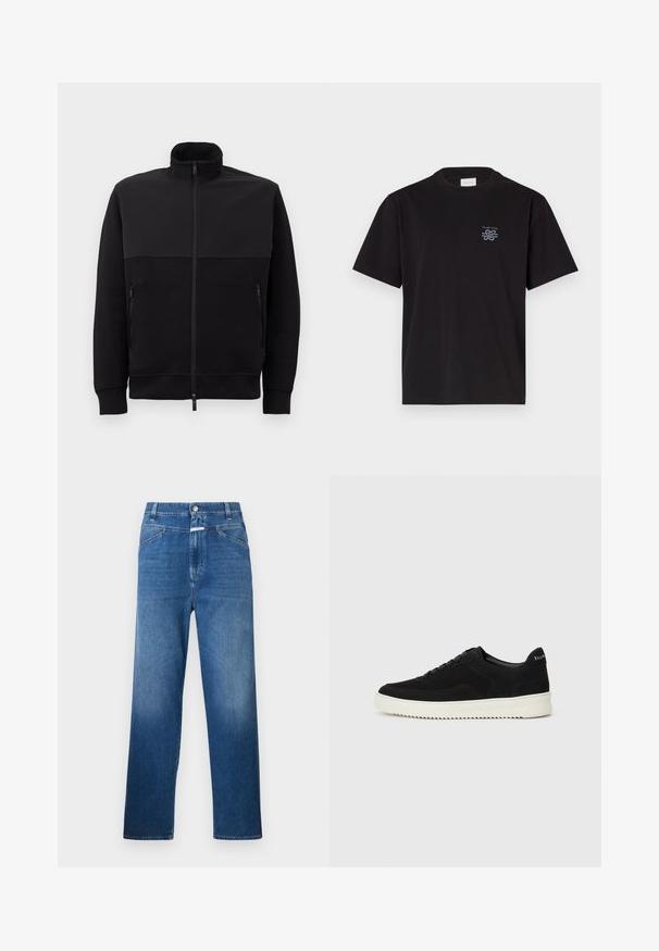 Mustad musta täis tõmblukuga jakki kõrge kaelusega, kahe tõmblukuga küljetaskuga ja ribakätistega, asetatud tasasele valgele taustale.; Must mustaga T-särk, millel on ümar kaelus ja lühikesed varrukad. Vasakul rinnal on väike sinine logo. Lihtne, sirge lõikega disain.; Sinine teksariie sirge lõikega, varustatud nööpkinni, vöökandjate ja õrnalt pleekinud kohtadega reie piirkonnas.; Mustad suede jooksujalatsid, millel on paelad ja kontrastne valge kummitald. Omab tekstuuriga külgpaneele ja tagasihoidlikku brändimist kandadel.