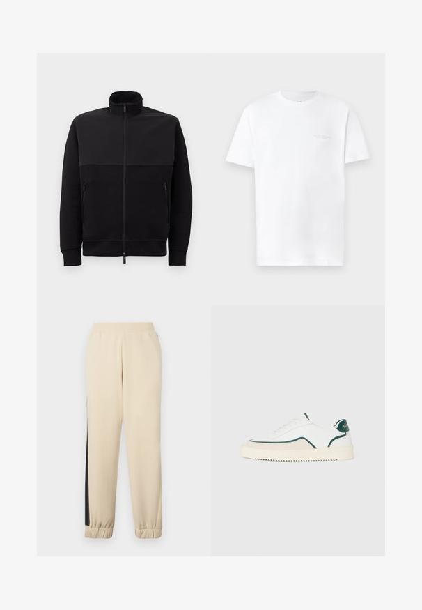 Czarna kurtka z pełnym zamkiem, z wysokim kołnierzem, dwoma bocznymi kieszeniami na zamek oraz ściągaczami przy mankietach, ułożona na płasko na białym tle.; Biała bawełniana koszulka z krótkim rękawem, okrągłym dekoltem, z delikatnym szarym nadrukiem logo na lewej stronie klatki piersiowej oraz gładką teksturą.; Kremowe dresy z czarnymi bocznymi paskami, elastycznym pasem i ribbowymi mankietami. Miękki materiał i luźny krój.; Białe niskie tenisówki z zielonymi wykończeniami, beżowymi zamszowymi detalami i kremową podeszwą z jednolitą fakturą.