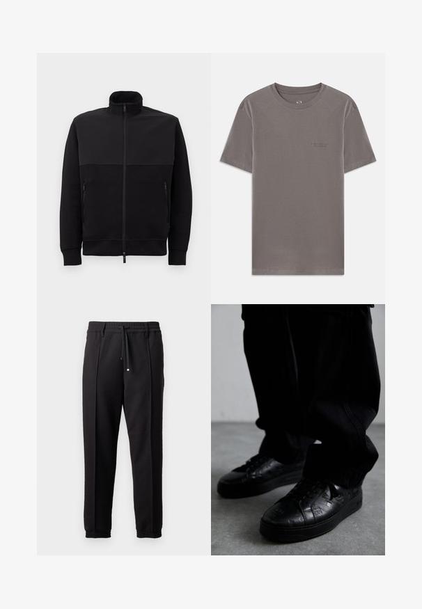 Jachetă neagră cu fermoar complet, cu guler înalt, două buzunare laterale cu fermoar și manșete cu model din fibră, întinsă pe un fundal alb.; Tricou gri cu mânecă scurtă, fabricat din bumbac moale. Decolteu rotund cu un mic logo gravat pe partea stângă a pieptului. Textură netedă, croi normal.; Pantaloni negri cu un brâu, șnur și manșete elastice. Prezintă pliuri și un material neted, texturat.; Adidași negri din piele cu modele texturate, având o talpă din cauciuc și vârful rotund. Șireturile sunt negre, completând designul întunecat al pantofului.
