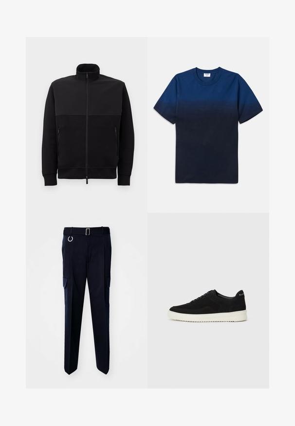 Juodas pilnai užtraukiamas švarkas su aukštu apykakle, dviem užtraukiamomis šoninėmis kišenėmis ir suribotomis rankovėmis, išklotas ant balto fono.; Tamsiai mėlynas medvilninis marškinėliai su apvalia iškirpte, trumpomis rankovėmis ir subtiliu gradientiniu dizainu, pereinančiu nuo šviesesnių atspalvių prie tamsesnių.; Tamsiai mėlyni krovinių kelnės, pagamintos iš tvirtos medžiagos, su diržu ir sidabriniu sagtimi bei dviem šoninėmis kišenėmis su uždangalais.; Juodos veliūrinės sportinės bateliai su raištelių dizainu ir kontrastinga balta gumine padais. Yra tekstūruoti šoniniai skydeliai ir subtilus logotipas ant kulno.