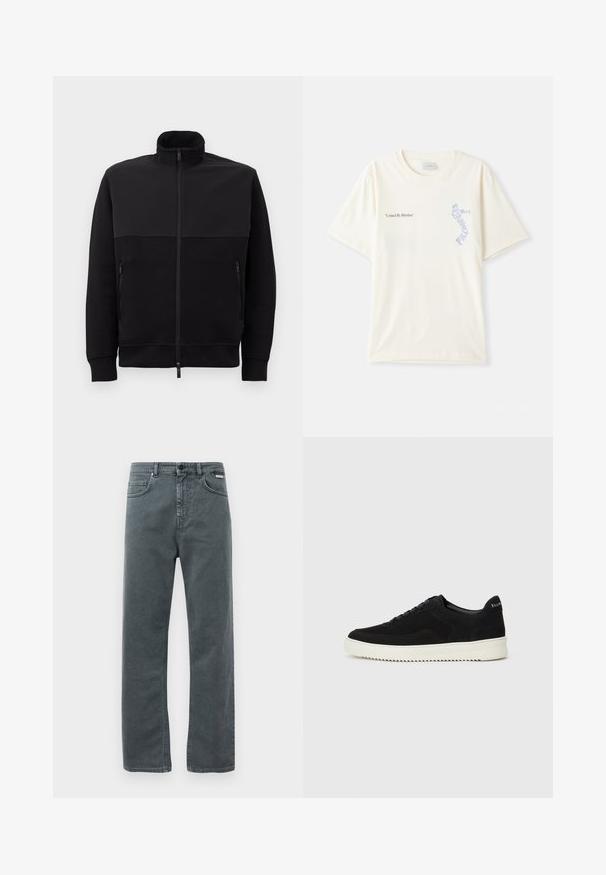 Čierna bunda na zips s vysokým golierom, dvoma zipsovými bočnými vreckami a manžetami s rebrovaním, položená na bielom pozadí.; Biely bavlnený tričko s krátkymi rukávmi, s nápisom "United By Rhythm" v čiernej a modrej grafike na hrudi. S okrúhlym výstrihom.; Sivé džínsy z denimu so strihom s rovnými nohavicami, piatimi vreckami a zapínaním na gombík. Obsahujú jemné švy a klasický, minimalistický dizajn.; Čierne semišové tenisky s šnurovacím dizajnom a kontrastnou bielou gumovou podrážkou. Obsahujú štruktúrované bočné panely a jemné logo na päte.