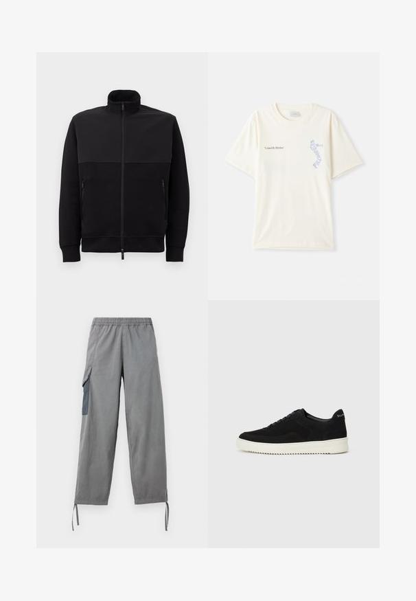 Schwarze Vollzip-Jacke mit hohem Kragen, zwei mit Reißverschluss versehenen Seitentaschen und gerippten Bündchen, flach auf einem weißen Hintergrund ausgelegt.; Weißes Baumwoll-T-Shirt mit kurzen Ärmeln, mit dem Aufdruck "United By Rhythm" in Schwarz und blauer Grafik auf der Brust. Rundhalsausschnitt.; Graue leichte Cargo-Hosen mit elastischem Bund, Seitentasche, verstellbaren Bündchen und glatter Textur.; Schwarze Wildleder-Sneaker mit Schnürdesign und kontrastierender weißer Gummisohle. Verfügt über strukturierte Seitenpaneele und dezentes Branding an der Ferse.