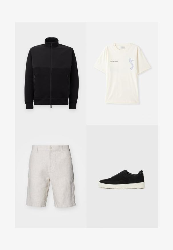 Veste noire zippée intégrale avec col haut, deux poches latérales zippées et poignets côtelés, posée à plat sur un fond blanc.; T-shirt en coton blanc à manches courtes, présentant le texte « United By Rhythm » en noir et bleu sur la poitrine. Design à col rond.; Shorts en lin beiges clairs avec une texture naturelle, dotés d'une fermeture à bouton devant et de poches latérales. Design à jambes droites.; Baskets en daim noir avec un design à lacets et une semelle en caoutchouc blanc contrastant. Comprend des panneaux latéraux texturés et un logo subtil sur le talon.