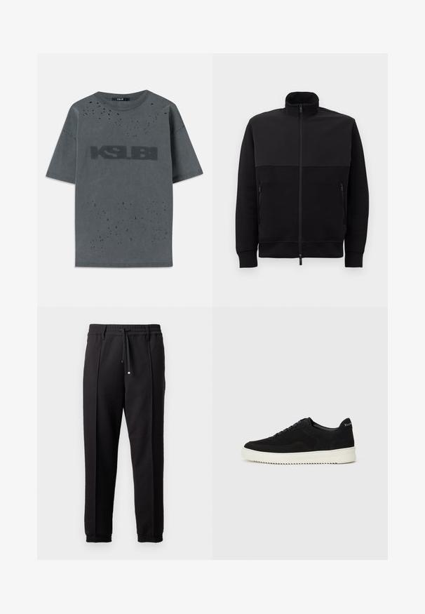 Jachetă neagră cu fermoar complet, cu guler înalt, două buzunare laterale cu fermoar și manșete cu model din fibră, întinsă pe un fundal alb.; Tricou gri supradimensionat din bumbac, cu accente uzate și un mare logo negru "KSUBI" pe față. Design cu mâneci scurte și gât rotund.; Pantaloni negri cu un brâu, șnur și manșete elastice. Prezintă pliuri și un material neted, texturat.; Adidași negri din suede cu design cu șireturi și talpă din cauciuc alb contrastant. Prezintă panouri laterale texturate și branding subtil pe toc.