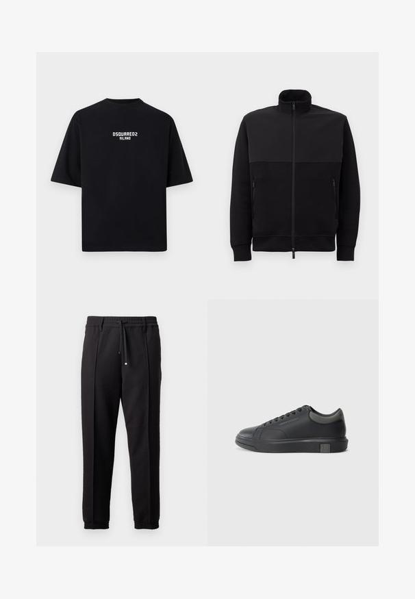Chaqueta negra con cremallera completa y cuello alto, con dos bolsillos laterales con cremallera y puños acanalados, dispuesta sobre un fondo blanco.; Camiseta negra de algodón con mangas cortas, cuello redondo y texto en mayúsculas blancas "DSQUARED2 MILANO" centrado en el frente.; Pantalones negros con cinturilla, cordón y puños elásticos. Presentan pliegues y una tela lisa y texturizada.; Zapatilla de cuero negra con un acabado suave, punta redondeada y acentos gris oscuro. Presenta un diseño de cordones y una suela de goma texturizada.