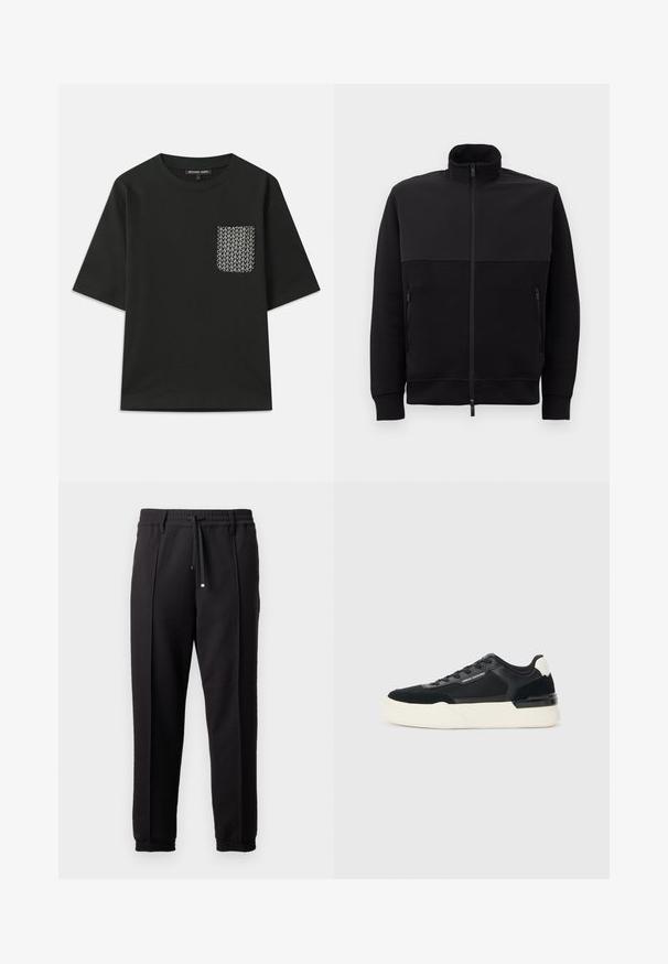 Sort jakke med fuld lynlås og høj krave, to lynlåslommer på siden og ribbede manchetter, lagt fladt på en hvid baggrund.; Sort bomulds t-shirt med rund halsudskæring og korte ærmer. Har en mønstret lomme på venstre side med hvide geometriske designs.; Sorte bukser med elastisk talje, snørelukning og elastiske manchetter. Har folder og et glat, tekstureret stof.; Sorte sneakers lavet af mesh og læder, med en tyk hvid sål og kontrasterende detaljer. Snørebånd og logo detaljer på siden.