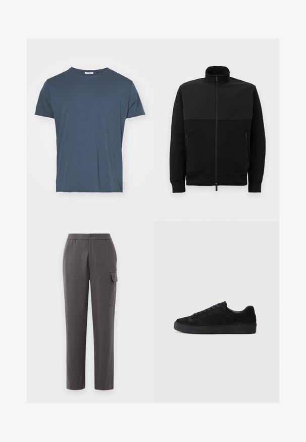 Czarna kurtka z pełnym zamkiem, z wysokim kołnierzem, dwoma bocznymi kieszeniami na zamek oraz ściągaczami przy mankietach, ułożona na płasko na białym tle.; Filippa K - T-shirt basic; Szare spodnie o luźnym kroju, wykonane z gładkiego materiału. Zawierają zapięcie na guzik, kieszenie boczne oraz kieszeń cargo na nodze.; Czarne zamszowe sneakersy z płaską, teksturowaną podeszwą, okrągłym czubkiem, sześcioma otworami na sznurowadła oraz minimalistycznym designem.