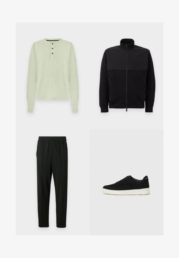 Zwarte full-zip jack met hoge kraag, twee ritszakken aan de zijkanten en geribbelde manchetten, plat gelegd op een witte achtergrond.; lichtgroene langslavige shirt met een ronde halslijn, een placket met drie knopen en geribde manchetten; gemaakt van een zachte, gestructureerde stof.; Zwarte broek van een soepele stof; met een elastische tailleband, zijzakken en een taps toelopend ontwerp. Minimalistisch en eenduidig van kleur.; Zwarte suède sneakers met vetersluiting en contrasterende witte rubberen zool. Voorzien van textuurpanelen aan de zijkanten en subtiele branding op de hiel.
