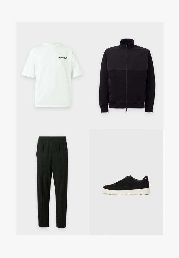Čierna bunda na zips s vysokým golierom, dvoma zipsovými bočnými vreckami a manžetami s rebrovaním, položená na bielom pozadí.; Biele tričko s krátkym rukávom a okrúhlym výstrihom, s malým vyšívaným logom v tmavozelenej farbe na ľavej strane hrudníka. Materiál z bavlny.; Čierne nohavice vyrobené z hladkej tkaniny; majú elastický pás, bočné vrecká a zúžený strih nohavíc. Minimalistické a jednofarebné.; Čierne semišové tenisky s šnurovacím dizajnom a kontrastnou bielou gumovou podrážkou. Obsahujú štruktúrované bočné panely a jemné logo na päte.