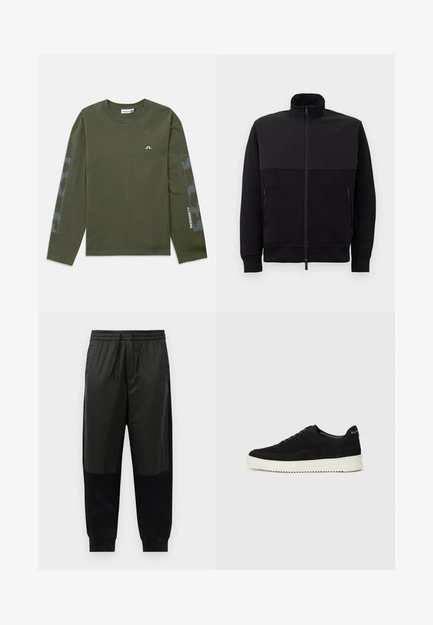 Melnā pilna rāvējslēdzēja jaka ar augstu apkakli, divām rāvējslēdzēja sānu kabatām un ribotām piedurknēm, novietota uz balta fona.; Oliņzaļš T-krekls ar garām piedurknēm, izgatavots no kokvilnas, ar nelielu baltu logo uz krūtīm un rakstainu pelēku akcentu uz piedurknēm.; Melnas sporta bikses, kas izgatavotas no gludas un teksturētas auduma maisījuma, ar elastīgu jostasvietu un auklu, kā arī ar šaurām potītēm.; Melnas zamšas kedas ar auklām un kontrastējošu baltu gumijas zoli. Iekļauj teksturētas sānu panēles un diskretu zīmolu uz papēža.