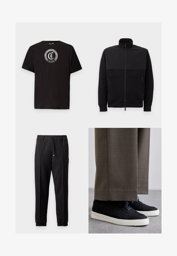 Črna jakna s polnim zadrgo in visokim ovratnikom, z dvema stranskima žepoma z zadrgo in rebrastimi manšetami, položena na belem ozadju.; Črna majica s kratkimi rokavi in krožnim ovratnikom, ki ima bel krogasti emblem z vzorcem kače in besedilo "Just Cavalli" centrirano na prsih.; Črne hlače z pasom, vrvico in elastičnimi manšeti. Imajo nabore in gladko teksturirano blago.; Črne nubuk teniske z belimi gumijastimi podplati, ki imajo zaobljen nos in vezalke, oblečene z sivimi krojenimi hlačami.