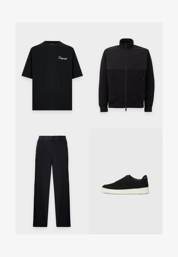 Zwarte full-zip jack met hoge kraag, twee ritszakken aan de zijkanten en geribbelde manchetten, plat gelegd op een witte achtergrond.; Zwarte katoenen t-shirt met een ronde hals en korte mouwen. Voorzien van een wit geborduurd logo op de linkerborst. Minimalistisch ontwerp.; Zwarte broek van een lichtgewicht, gestructureerde stof, met een recht model, elastische Tailleband en zijzakken met rits.; Zwarte suède sneakers met vetersluiting en contrasterende witte rubberen zool. Voorzien van textuurpanelen aan de zijkanten en subtiele branding op de hiel.