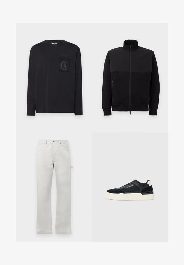 Casaco preto de fecho éclair completo com gola alta, dois bolsos laterais com fecho éclair e punhos canelados, disposto sobre um fundo branco.; T-shirt preto de mangas longas, feito de um tecido macio, com um bolso com um logótipo tonal, decote redondo e detalhes de costura na bainha.; Calças cinza claro com um corte reto, feitas de tecido de algodão suave, apresentando bolsos frontais e um bolso lateral tipo cargo.; Sapata preta feita de malha e couro, apresentando uma sola branca grossa e detalhes contrastantes. Cadarços e detalhe do logótipo na lateral.