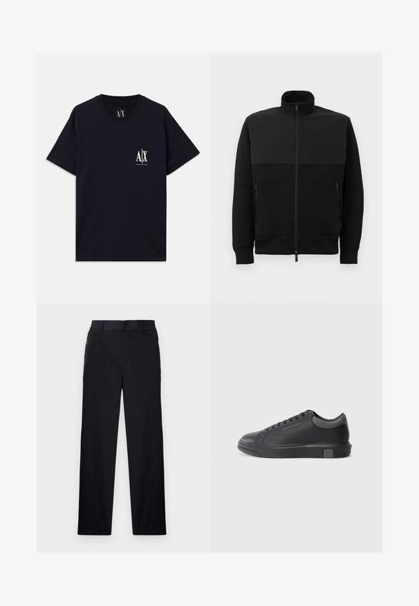 Svart heldraget jacka med hög krage, två sidofickor med dragkedja och ribbade ärmslut, liggande platt på en vit bakgrund.; Svart bomull t-shirt med korta ärmar, rundad halsringning och vit logotyp på vänster bröst. Slät textur och avslappnad passform.; Svarta byxor med lätt, texturerad tyg, rak benmodell, elastisk midja och sidofickor med dragkedja.; Svart lädersneaker med slät yta, rund tå och mörkgrå accenter. Har snörningsdesign och texturerad gummisula.