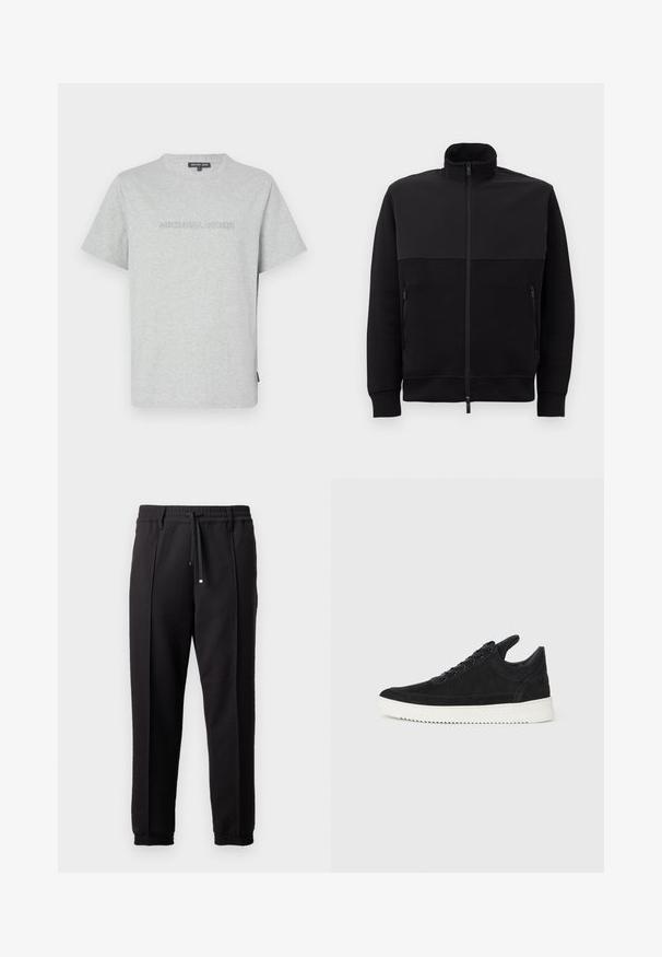 Black full-zip jacket with high collar, two zippered side pockets, and ribbed cuffs, laid flat on a white background.; Gray cotton t-shirt with short sleeves, featuring an embossed "MICHAEL KORS" logo on the front and a crew neckline.; Black trousers with a waistband, drawstring, and elastic cuffs. Features pleats and a smooth, textured fabric.; Black suede sneaker with a white rubber sole, featuring tonal stitching and lace-up design. Smooth texture with a modern, streamlined shape.
