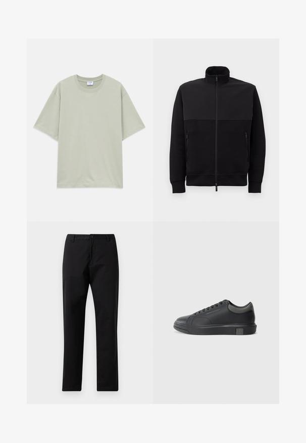 Črna jakna s polnim zadrgo in visokim ovratnikom, z dvema stranskima žepoma z zadrgo in rebrastimi manšetami, položena na belem ozadju.; Svetlo zelena široka kratkodlaka bombažna majica s krožnim izrezom, položena na belo ozadje.; Črne trdne hlače z ravnimi nogami, z gumbom in zadrgo, z luknjami za pas in sprednjimi žepi, prikazane na belem ozadju.; Črne usnjene teniske s gladko površino, zaobljenim prstom in temno sivo akcenti. Imajo sistem vezanja in teksturiran gumijast podplat.