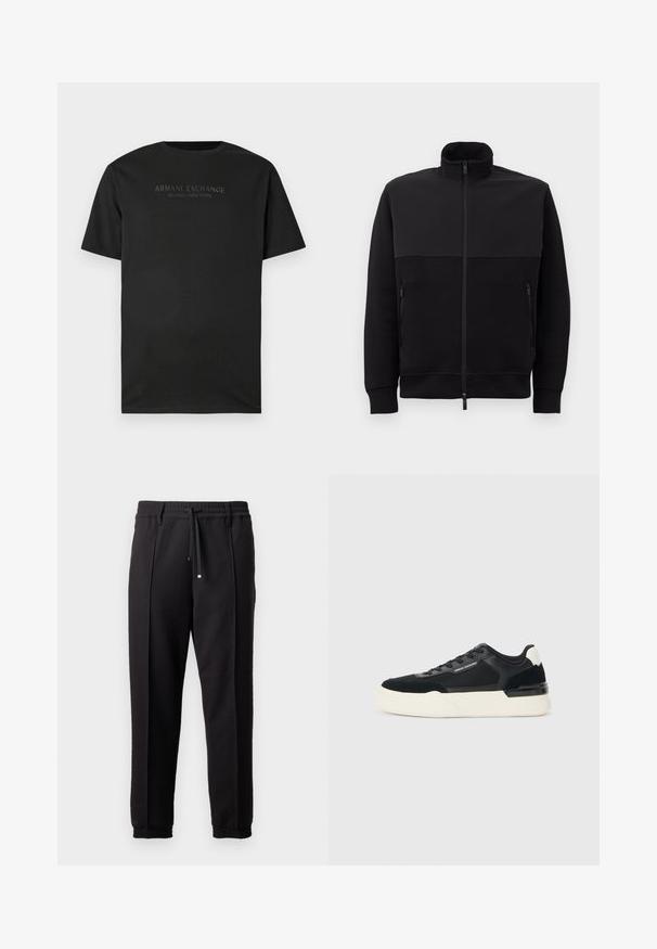 Black full-zip jacket with high collar, two zippered side pockets, and ribbed cuffs, laid flat on a white background.; Black short-sleeve crew neck t-shirt with "ARMANI EXCHANGE MILANO / NEW YORK" printed in small dark gray letters on the chest.; Black trousers with a waistband, drawstring, and elastic cuffs. Features pleats and a smooth, textured fabric.; Black sneaker made of mesh and leather, featuring a thick white sole and contrasting accents. Laces and logo detail on the side.