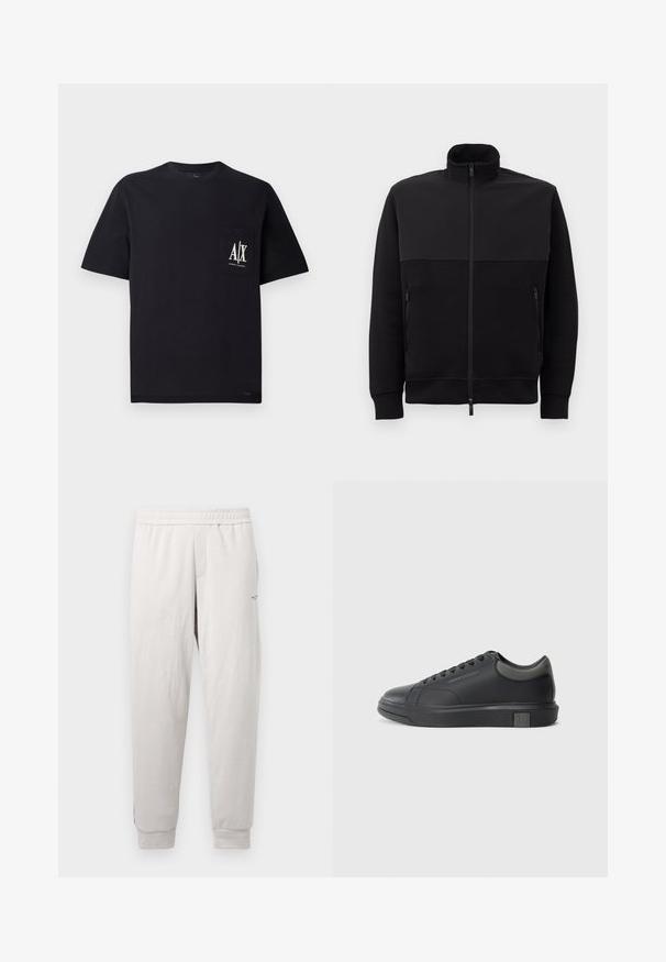 Črna jakna s polnim zadrgo in visokim ovratnikom, z dvema stranskima žepoma z zadrgo in rebrastimi manšetami, položena na belem ozadju.; Črna bombažna majica s kratkimi rokavi in krožnim izrezom. Ima žep na prsih z belim logotipom "A/X". Gladka tekstura, sproščen kroj.; Svetlo sivi trenirki z elastičnim pasom, stranskimi žepi, rebrastimi manšetami in subtilnim logotipom na nogi, narejene iz mehkega blaga.; Črne usnjene teniske s gladko površino, zaobljenim prstom in temno sivo akcenti. Imajo sistem vezanja in teksturiran gumijast podplat.