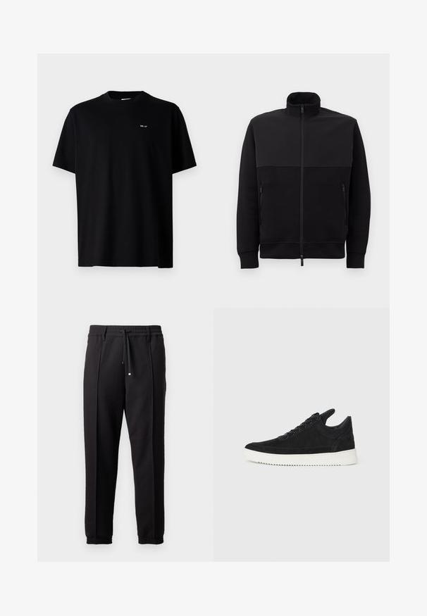 Black full-zip jacket with high collar, two zippered side pockets, and ribbed cuffs, laid flat on a white background.; Black cotton t-shirt with short sleeves, crew neckline, and a small white logo "NN. 07" printed on the chest. Simple design and relaxed fit.; Black trousers with a waistband, drawstring, and elastic cuffs. Features pleats and a smooth, textured fabric.; Black suede sneaker with a white rubber sole, featuring tonal stitching and lace-up design. Smooth texture with a modern, streamlined shape.