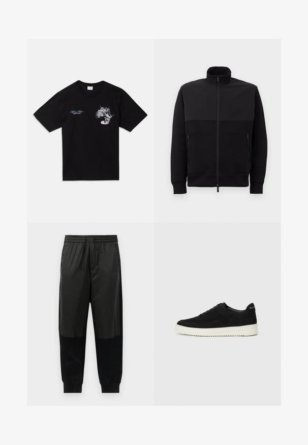 Mustad musta täis tõmblukuga jakki kõrge kaelusega, kahe tõmblukuga küljetaskuga ja ribakätistega, asetatud tasasele valgele taustale.; Must must t-särk lühikeste varrukatega. Omab valget graafikat lille ja plaadimängijaga, ning sinist teksti "Killing Bees" ja "United By Rhythm."; Mustad mustikud treeningpüksid, mis on valmistatud sileda ja tekstuurse kangaste segust, elastne vöökoht koos nööriga ja kitsenevad varrukad.; Mustad suede jooksujalatsid, millel on paelad ja kontrastne valge kummitald. Omab tekstuuriga külgpaneele ja tagasihoidlikku brändimist kandadel.