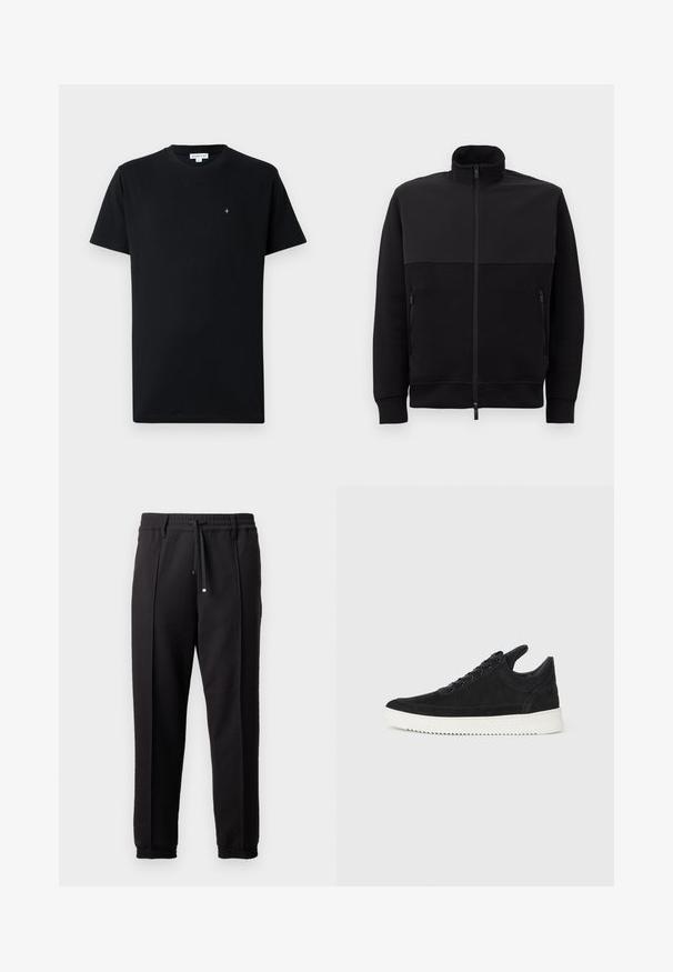 Sort jakke med fuld lynlås og høj krave, to lynlåslommer på siden og ribbede manchetter, lagt fladt på en hvid baggrund.; Sort kortærmet t-shirt lavet af bomuld, med rund halsudskæring og et lille cirkulært logo på brystet. Glat tekstur.; Sorte bukser med elastisk talje, snørelukning og elastiske manchetter. Har folder og et glat, tekstureret stof.; Sort ruskinds sneaker med en hvid gummisål, der har tonalt syet detalje og snørredesign. Glat tekstur med en moderne, strømlinet form.