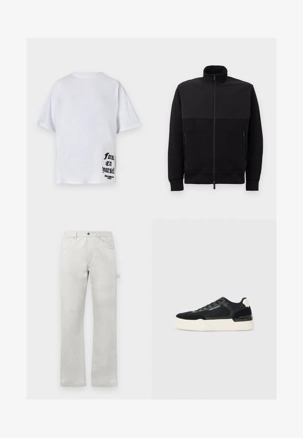 Casaco preto de fecho éclair completo com gola alta, dois bolsos laterais com fecho éclair e punhos canelados, disposto sobre um fundo branco.; T-shirt de algodão branco com um corte relaxado, mangas curtas e uma estampa gráfica preta no canto inferior direito que diz "Foca em ti."; Calças cinza claro com um corte reto, feitas de tecido de algodão suave, apresentando bolsos frontais e um bolso lateral tipo cargo.; Sapata preta feita de malha e couro, apresentando uma sola branca grossa e detalhes contrastantes. Cadarços e detalhe do logótipo na lateral.