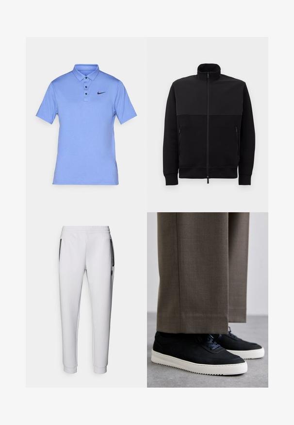 Mustad musta täis tõmblukuga jakki kõrge kaelusega, kahe tõmblukuga küljetaskuga ja ribakätistega, asetatud tasasele valgele taustale.; Helehelesin sinine polo särk sujuvast kangast, millel on terav krae, kolm nuppu ja väike must Nike logo vasakul rinnal.; Valged dressipüksid elastse vöökohaga, kahe küljetaskuga, mustade tõmblukkudega ja soonikkudega pahkluude juures. Sile tekstuur.; Mustad suleed sneakers valge kummist tallaga, ümarate varvaste ja paeltega, kantud hallide ülikonna pükste kõrval.