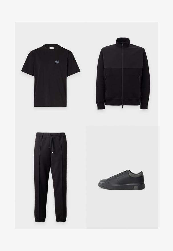 Črna jakna s polnim zadrgo in visokim ovratnikom, z dvema stranskima žepoma z zadrgo in rebrastimi manšetami, položena na belem ozadju.; Črna bombažna majica s kratkimi rokavi in kroоровim ovratnikom. Ima majhen modri logotip na levem prsnem delu. Preprost, ravno krojen dizajn.; Črne hlače z pasom, vrvico in elastičnimi manšeti. Imajo nabore in gladko teksturirano blago.; Črne usnjene teniske s gladko površino, zaobljenim prstom in temno sivo akcenti. Imajo sistem vezanja in teksturiran gumijast podplat.