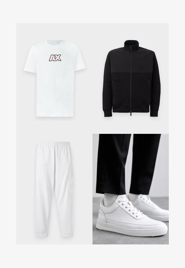 Melnā pilna rāvējslēdzēja jaka ar augstu apkakli, divām rāvējslēdzēja sānu kabatām un ribotām piedurknēm, novietota uz balta fona.; Balta īsām piedurknēm T-kreklā ar izteiksmīgu sarkano un melno "AX" logotipu, kas centrēts uz krūtīm uz viendabīgas fona.; Baltas sašaurināts sporta bikses ar elastīgu jostasvietu un aprocēm uz potītēm. Ar tekstūru logo detalizāciju kreisajā augšstilbā. Mīksta auduma.; Baltas ādas kedas ar plakanu gumijas zoli, kas piedāvā gludu apdari, apaļu purngalu un metāla caurules šņorēm. Valkātas ar melnām biksēm.