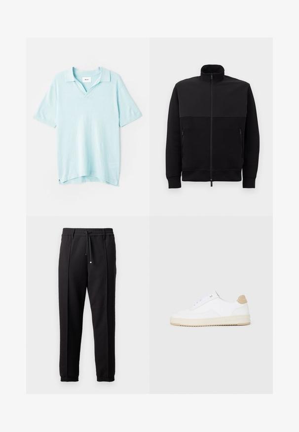Černá bunda na zip s vysokým límcem, dvěma bočními kapsami na zip a žebrovanými manžetami, položená na bílé ploše.; Svetle modré polo tričko s krátkým rukávem, které má výstřih do V, volný střih, měkkou texturu a boční rozparky pro snadný pohyb.; Černé kalhoty s páskem, šňůrkou na stažení a elastickými manžetami. Obsahují sklady a hladkou, strukturovanou látku.; Bílé nízké tenisky s texturovaným koženým svrškem, krémovou rýhovanou podrážkou a hnědým akcentem na patě. Mají bílé šňůrky a detaily loga na patě.