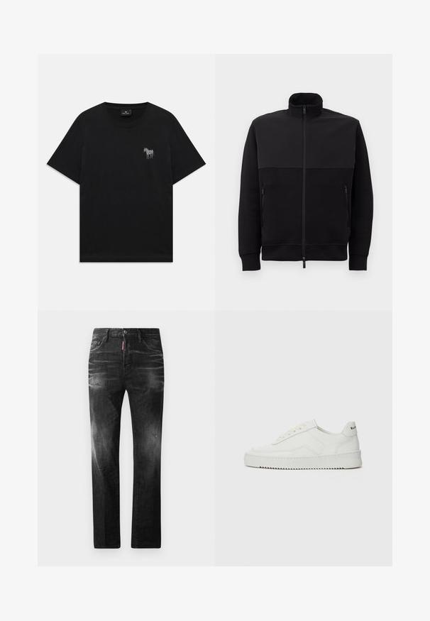 Black full-zip jacket with high collar, two zippered side pockets, and ribbed cuffs, laid flat on a white background.; Black short-sleeve T-shirt with a small embroidered white zebra on the left chest and a round neckline.; Black denim jeans with a straight fit. Features faded areas, minor distressing, classic five-pocket design, and a button closure.; White leather sneaker with a smooth finish, round toe, flat laces, and a textured sole. Features a subtle logo on the heel.
