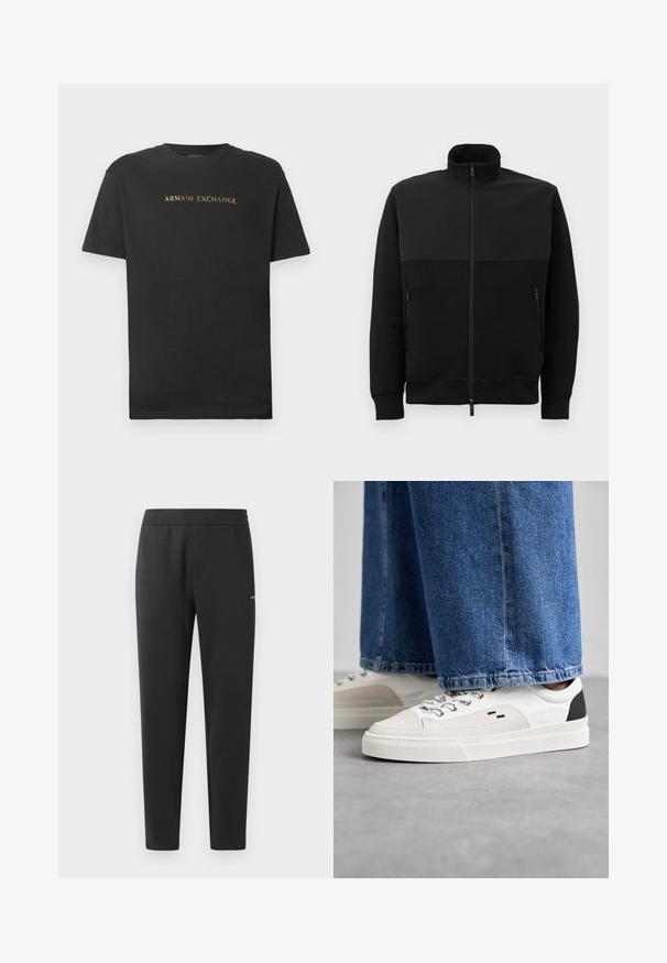 Crna jakna s punim patentnim zatvaračem i visokim ovratnikom, s dva bočna džepa na patent zatvarač i rebrastim manžetama, položena ravno na bijeloj pozadini.; Crna majica kratkih rukava s okruglim izrezom s natpisom "ARMANI EXCHANGE" ispisanim zlatnim slovima preko prsa.; Crne trenirke izrađene od mekanog materijala, sa elastičnom trakastom, ravnim nogavicama i jednim malim logom sa strane.; Bijele i crne tenisice s glatkim kožnim gornjištem, teksturiranim detaljima i debelim bijelim potplatom. Imaju klasičan dizajn vezanja.