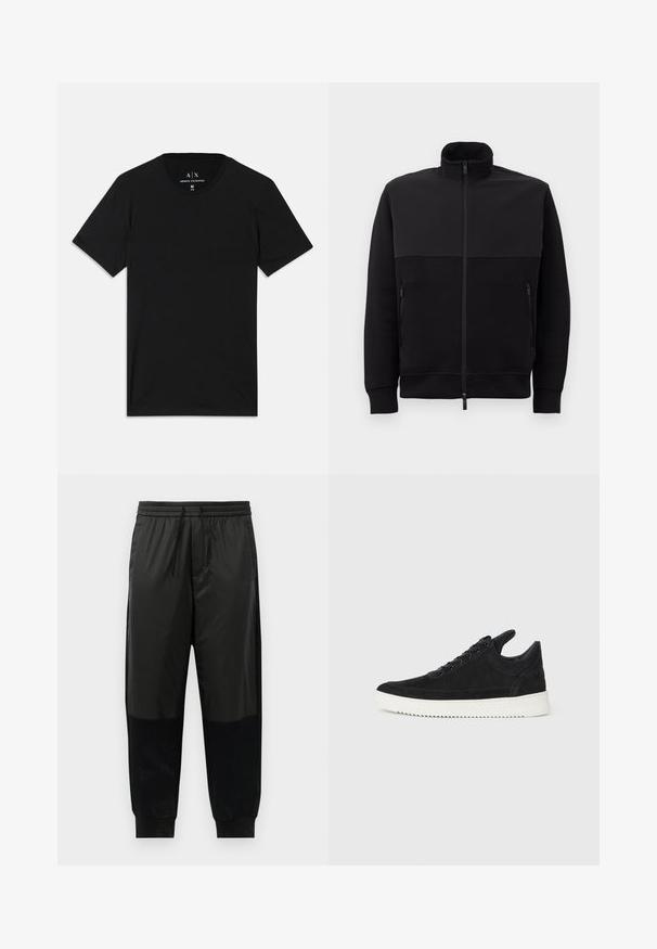 Juodas pilnai užtraukiamas švarkas su aukštu apykakle, dviem užtraukiamomis šoninėmis kišenėmis ir suribotomis rankovėmis, išklotas ant balto fono.; Juodas medvilninis marškinėliai, su trumpomis rankovėmis, apvaliu iškirpimu ir etiketė su prekės ženklo logotipu vidinėje apykaklėje.; Juodos sportinės kelnės, pagamintos iš sklandžių ir tekstūruotų audinių, su elastinga juosmens juosta ir raišteliu, bei siaurėjančiomis rankovėmis.; Juodų suede sportbačių su balta gumine padu, su toniniais siuvinėjimais ir raištelių užsegimu. Sklandus paviršius su šiuolaikine, laiko forma.