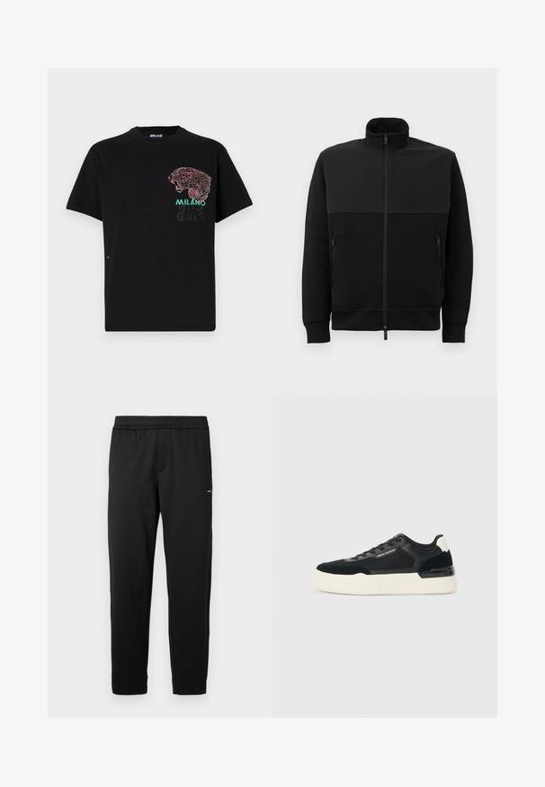 Casaco preto de fecho éclair completo com gola alta, dois bolsos laterais com fecho éclair e punhos canelados, disposto sobre um fundo branco.; T-shirt de algodão preto com uma estampa gráfica de leopardo em vermelho e rosa na parte da frente, com o texto "MILANO" e "WILD ONES" em verde. Corte regular.; Calças de sweatpants pretas com cintura elástica, pernas ajustadas e um pequeno logótipo na parte superior da coxa, exibidas sobre um fundo branco.; Sapata preta feita de malha e couro, apresentando uma sola branca grossa e detalhes contrastantes. Cadarços e detalhe do logótipo na lateral.