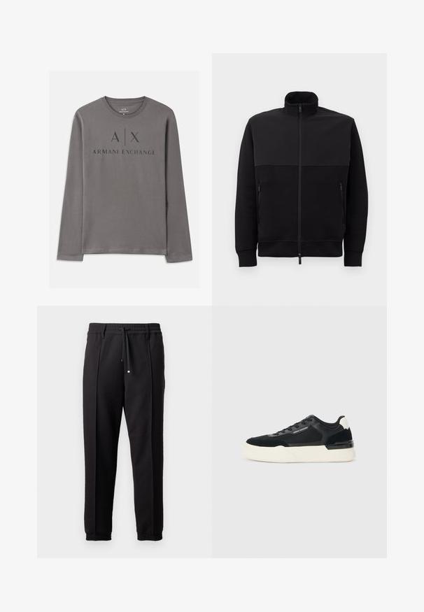 Black full-zip jacket with high collar, two zippered side pockets, and ribbed cuffs, laid flat on a white background.; Long-sleeve gray t-shirt made of soft fabric featuring a crew neck. Front graphic includes “A|X ARMANI EXCHANGE” in dark lettering.; Black trousers with a waistband, drawstring, and elastic cuffs. Features pleats and a smooth, textured fabric.; Black sneaker made of mesh and leather, featuring a thick white sole and contrasting accents. Laces and logo detail on the side.