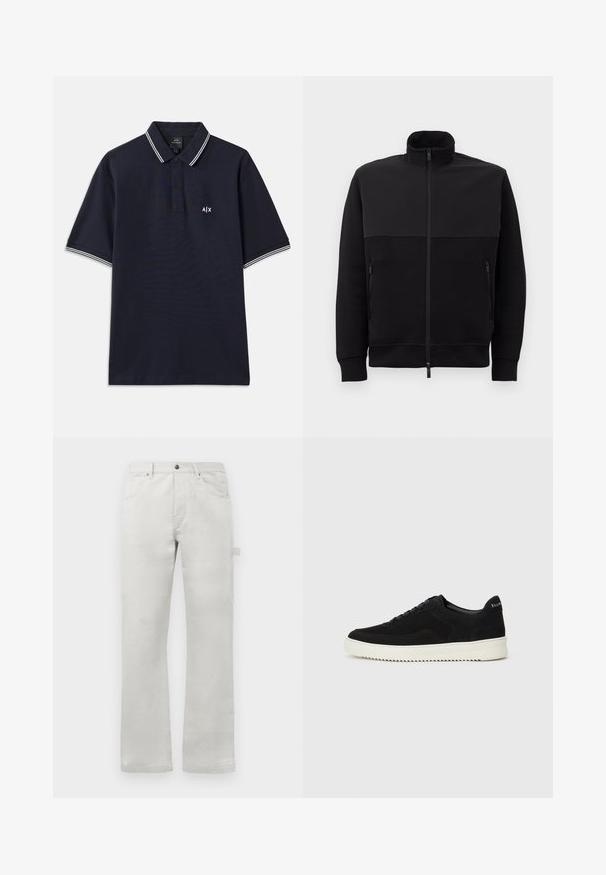 Czarna kurtka z pełnym zamkiem, z wysokim kołnierzem, dwoma bocznymi kieszeniami na zamek oraz ściągaczami przy mankietach, ułożona na płasko na białym tle.; Granatowa koszulka polo wykonana z bawełny, z klasycznym kołnierzykiem, zapięciem na dwa guziki i białymi paskami na rękawach. Małe logo na piersi.; Jasnoszare spodnie o prostym kroju, wykonane z gładkiego materiału bawełnianego, z przednimi kieszeniami oraz boczną kieszenią na ładunek.; Czarne zamszowe sneakersy z designem na sznurówki i kontrastującą białą gumową podeszwą. Posiadają teksturowane boczne panele oraz subtelne logo na pięcie.
