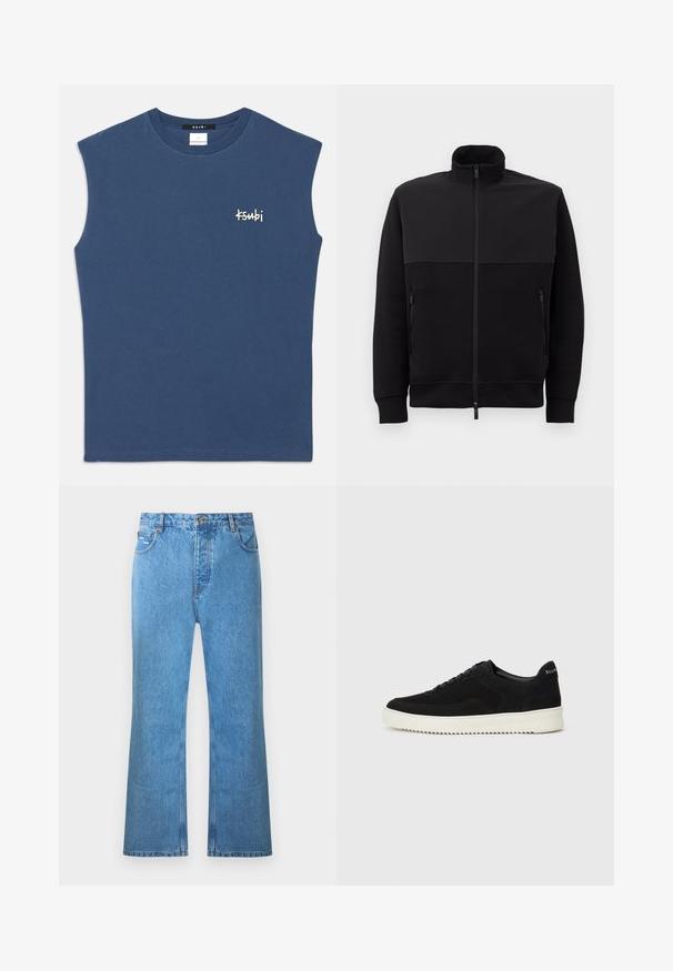 Black full-zip jacket with high collar, two zippered side pockets, and ribbed cuffs, laid flat on a white background.; Blue sleeveless cotton shirt with round neckline. Features a small white "Ksubi" logo on the chest. Smooth texture, casual cut.; Light blue denim flared jeans with a high waist, five pockets, and subtle fading. Features stitching accents and a button closure.; Black suede sneaker with lace-up design and contrasting white rubber sole. Features textured side panels and subtle branding on the heel.