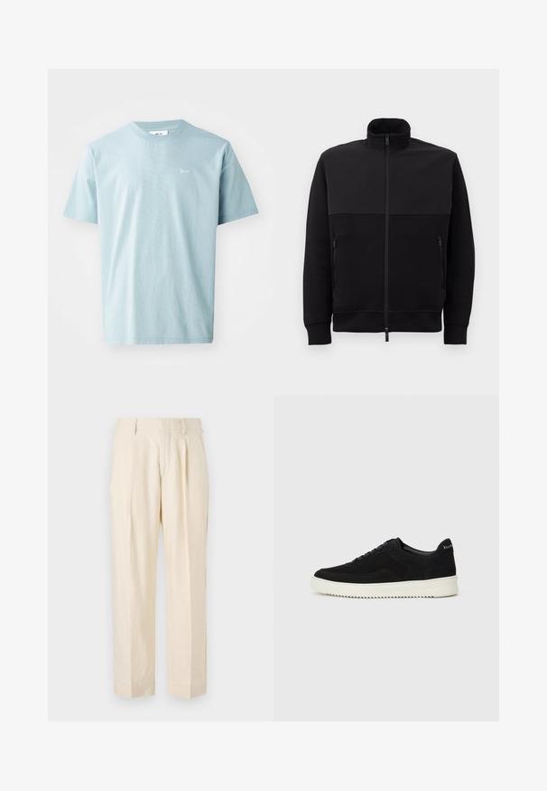 Μαύρο μπουφάν με πλήρως φερμουάρ και ψηλό γιακά, δύο πλαϊνές τσέπες με φερμουάρ και ραμμένα μανίκια, τοποθετημένο επίπεδα σε λευκό φόντο.; Ανοιχτό μπλε βαμβακερό μπλουζάκι με κοντά μανίκια, λαιμόκοψη και μικρή λευκή σήμανση στο μπροστινό μέρος. Απαλή υφή, χαλαρός σχεδιασμός.; NN.07 KAY - Παντελόνι - off white; Μαύρο σουέτ αθλητικό παπούτσι με σχέδιο κορδονιών και λευκή λαστιχένια σόλα σε αντίθεση. Διαθέτει υφαντές πλαϊνές πάνελ και διακριτική σήμανση στην φτέρνα.