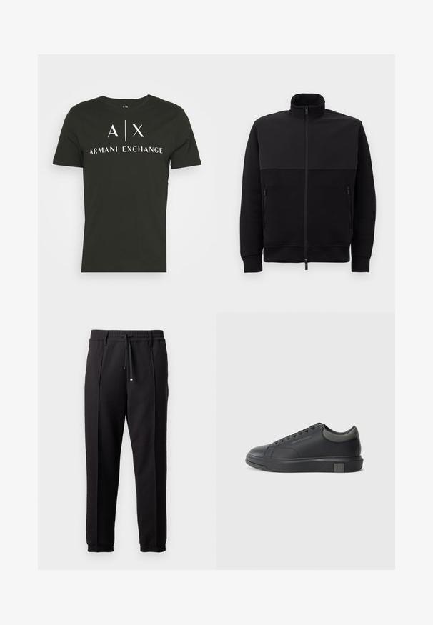 Jachetă neagră cu fermoar complet, cu guler înalt, două buzunare laterale cu fermoar și manșete cu model din fibră, întinsă pe un fundal alb.; Tricou negru cu guler rotund, fabricat din bumbac, cu logo-ul "A|X ARMANI EXCHANGE" în alb. Maneci scurte și o croială lejeră.; Pantaloni negri cu un brâu, șnur și manșete elastice. Prezintă pliuri și un material neted, texturat.; Tenisii din piele neagră cu un finisaj neted, vârf rotunjit și accente gri închis. Au un design cu șireturi și talpă din cauciuc texturat.