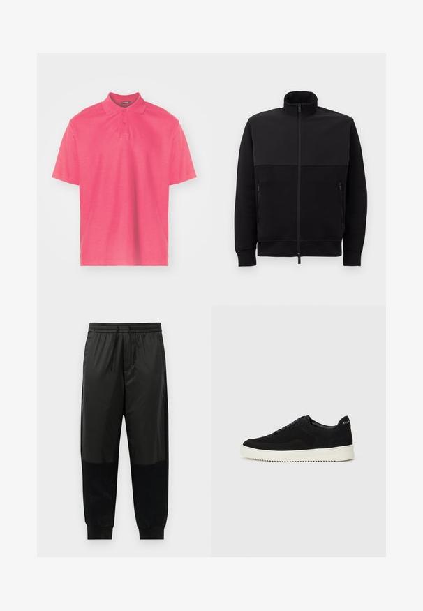 Zwarte full-zip jack met hoge kraag, twee ritszakken aan de zijkanten en geribbelde manchetten, plat gelegd op een witte achtergrond.; Korte mouw polo shirt in felroze. Gemaakt van soepel katoen met een klassieke kraag, een twee-knoopsluiting en een subtiele logoprint op de borst.; Zwarte sportbroek met een combinatie van gladde en gestructureerde stoffen, elastische tailleband met trekkoord en taps toelopende boorden.; Zwarte suède sneakers met vetersluiting en contrasterende witte rubberen zool. Voorzien van textuurpanelen aan de zijkanten en subtiele branding op de hiel.
