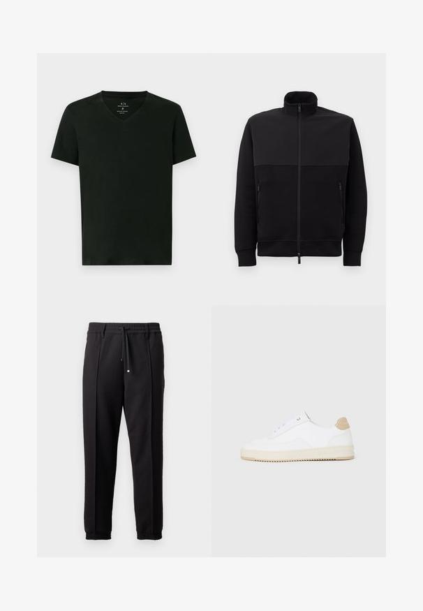 Svart full-zip jakke med høy krage, to glidelåslommer på siden og ribbestrikkede mansjetter, lagt flatt på en hvit bakgrunn.; Svart Armani Exchange herre T-skjorte i bomull med kort erme og V-hals, størrelse medium, lagt ut flatt på hvit bakgrunn.; Sorte bukser med liv, snor og elastiske mansjetter. Har plisséer og et glatt, teksturert stoff.; Hvite lave sneakers med overdel i teksturert skinn, kremfarget såle med ribber og en brunt fargeklatt på hælen. Har hvite lisser og logodetalj på hælen.