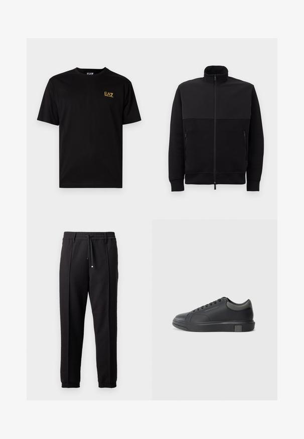 Μαύρο μπουφάν με πλήρως φερμουάρ και ψηλό γιακά, δύο πλαϊνές τσέπες με φερμουάρ και ραμμένα μανίκια, τοποθετημένο επίπεδα σε λευκό φόντο.; Μαύρη βαμβακερή μπλούζα με κοντά μανίκια, χαρακτηριστικά με ένα μικρό κίτρινο επενδυμένο λογότυπο στην αριστερή περιοχή του στήθους. Κλασικός σχεδιασμός με στρογγυλή λαιμόκοψη.; Μαύρο παντελόνι με ζώνη, κορδόνι και ελαστικές μανσέτες. Διαθέτει πτυχώσεις και μαλακό, υφή ύφασμα.; Μαύρο δερμάτινο αθλητικό παπούτσι με λεία επιφάνεια, στρογγυλή μύτη και σκούρες γκρίζες λεπτομέρειες. Διαθέτει σχέδιο με κορδόνια και υφασμάτινη αντιολισθητική σόλα.