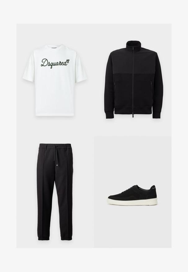 Black full-zip jacket with high collar, two zippered side pockets, and ribbed cuffs, laid flat on a white background.; White cotton t-shirt with short sleeves featuring a black embroidered logo "Dsquared²" on the front in a cursive font.; Black trousers with a waistband, drawstring, and elastic cuffs. Features pleats and a smooth, textured fabric.; Black suede sneaker with lace-up design and contrasting white rubber sole. Features textured side panels and subtle branding on the heel.