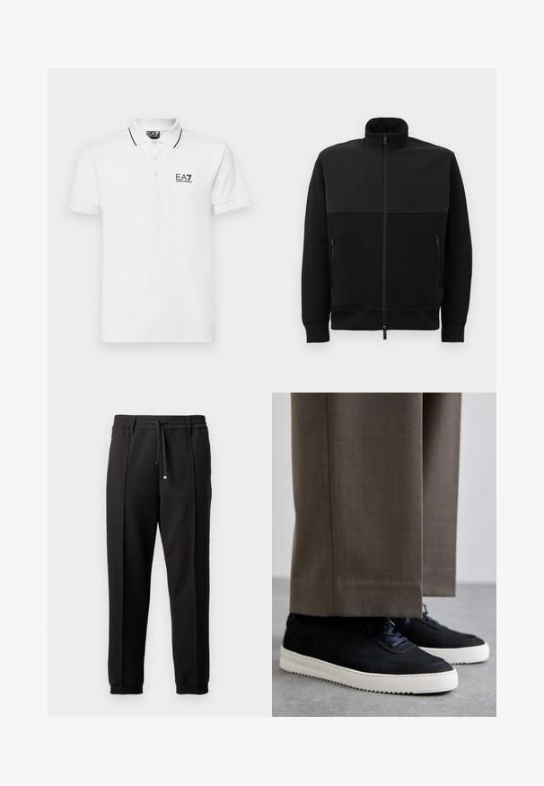 Casaco preto de fecho éclair completo com gola alta, dois bolsos laterais com fecho éclair e punhos canelados, disposto sobre um fundo branco.; Camisola polo branca de algodão com pala de dois botões, gola preta e riscas nas mangas, apresentando o logótipo EA7 no lado esquerdo do peito.; Calças pretas com uma cinta na cintura, cordão ajustável e punhos elásticos. Apresenta pregas e um tecido liso e texturizado.; Sapatilhas de camurça pretas com solas de borracha brancas, apresentando um bico arredondado e atacadores, usadas com calças cinzas ajustadas.